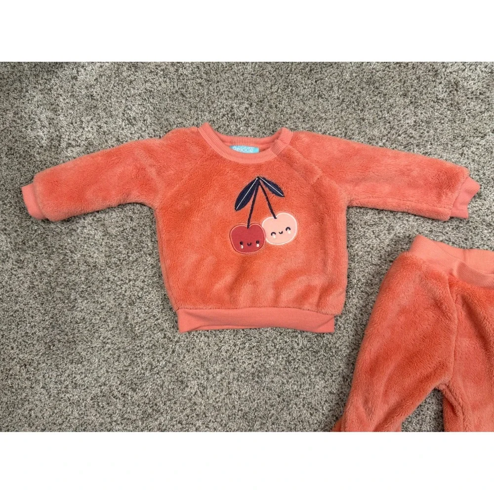 Pekkle Baby Girl Coral Orange Fleece Cherry Sweatshirt and Pants Set‎ 6M